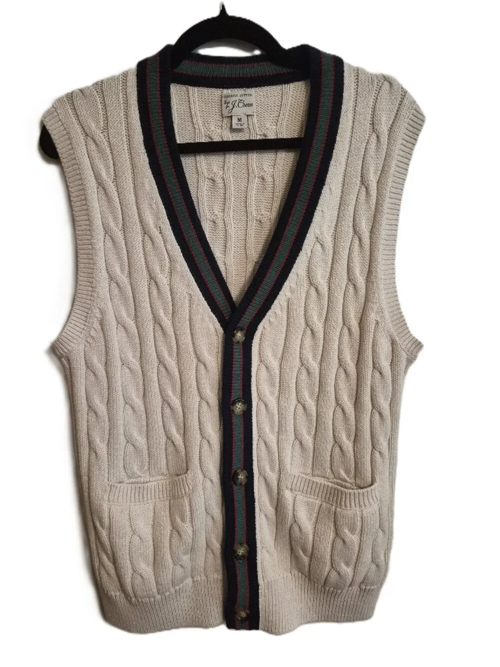 J Crew Organic Cotton Grandpa Core Cable Knit V-Neck Cardigan Vest